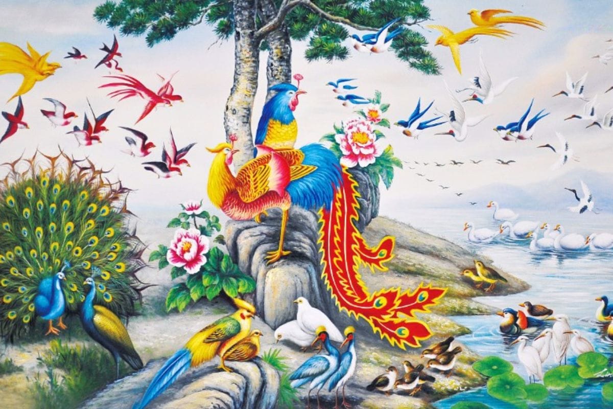 Tranh phong thủy cho người mệnh Mộc Bách điểu triều phụng