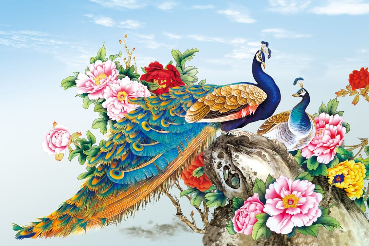 Tranh phong thủy cho người mệnh Mộc Chim công và hoa mẫu đơn