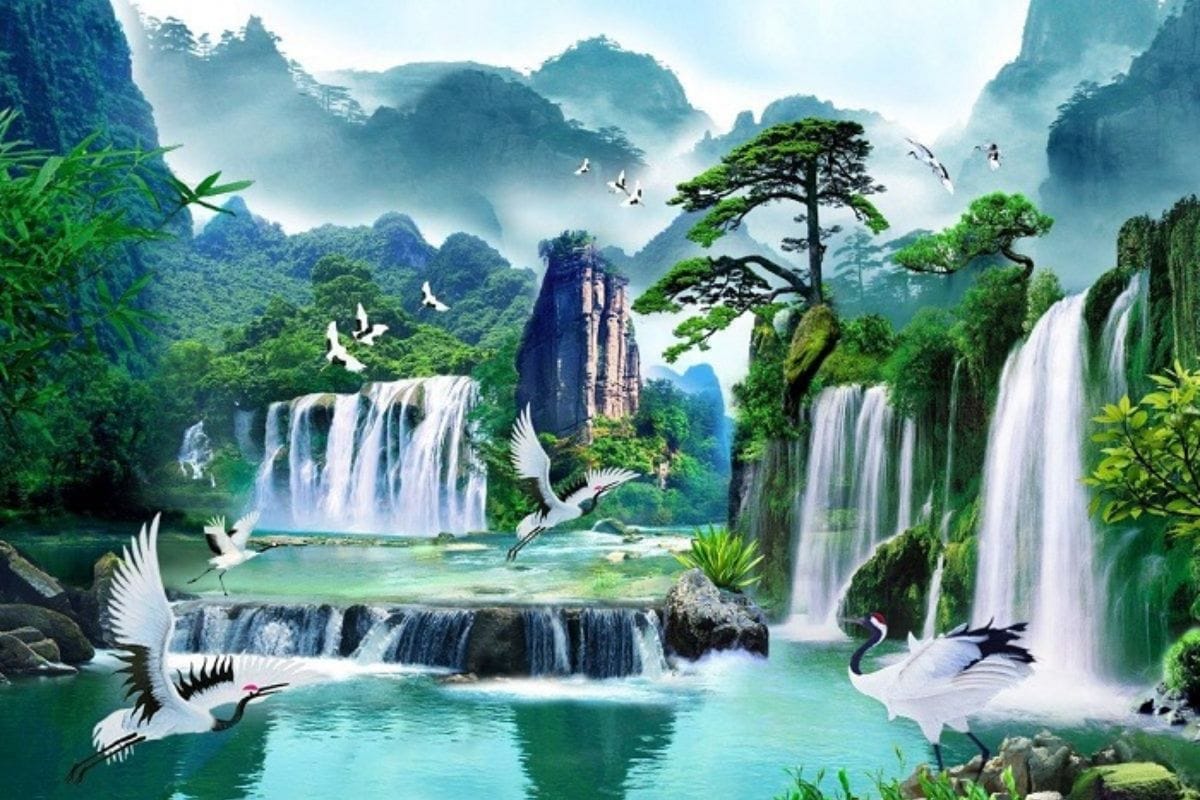 Tranh phong thủy cho người mệnh Mộc Thác nước phong thủy