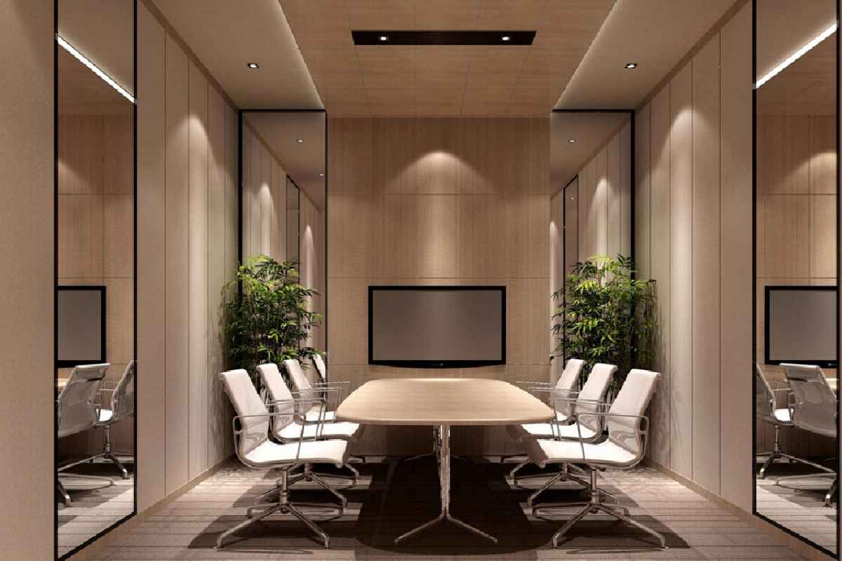 Setup phòng họp nhỏ rộng, thoáng nhờ chất liệu gương tạo hiệu ứng mở rộng không gian
