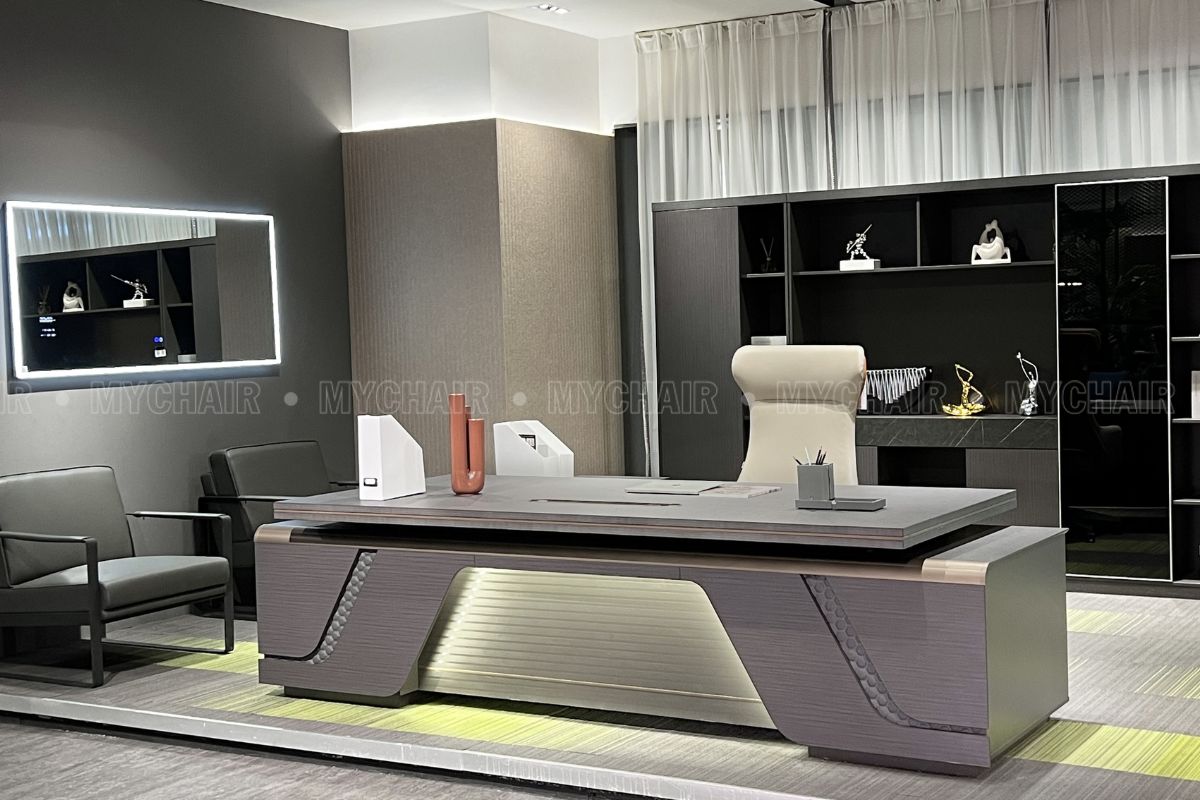 Thiết kế phòng giám đốc tuổi Giáp Ngọ tone ghi