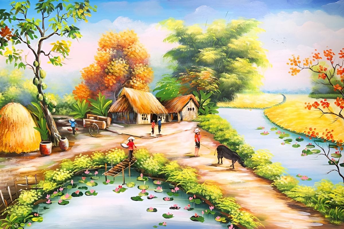 Tranh treo phòng giám đốc mệnh Thủy Miền quê sông nước