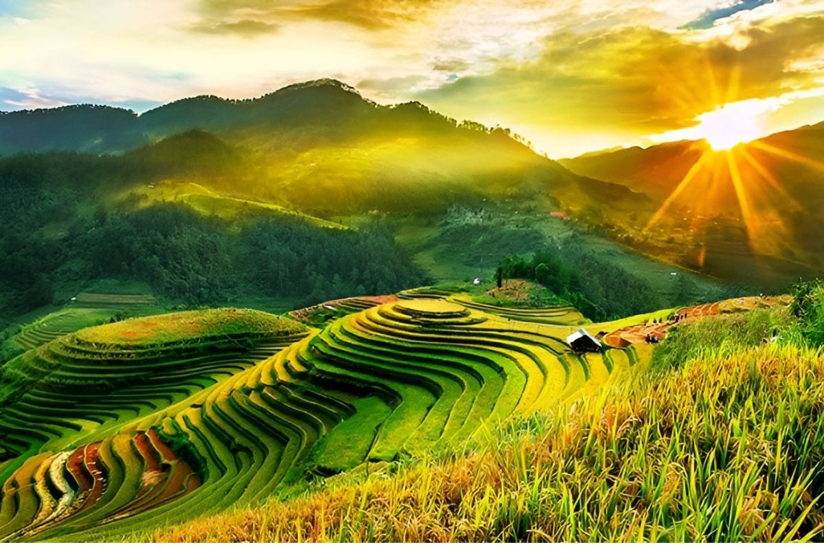 Tranh phong cảnh mặt trời treo phòng giám đốc mệnh Hỏa