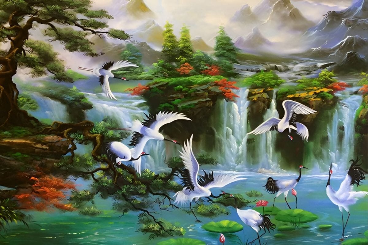 Tranh treo phòng giám đốc mệnh Mộc Tùng hạc diên niên