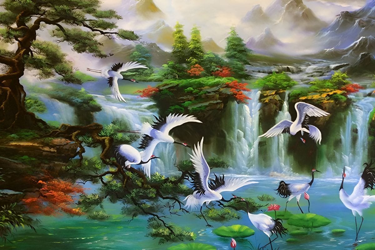 Tranh tùng hạc treo phòng giám đốc mệnh Kim