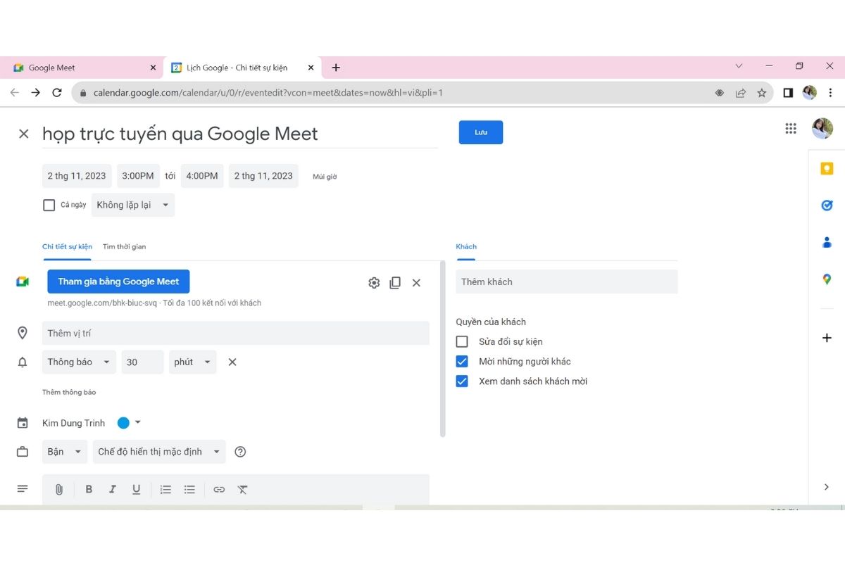 Lên lịch cuộc họp trên Google Meet