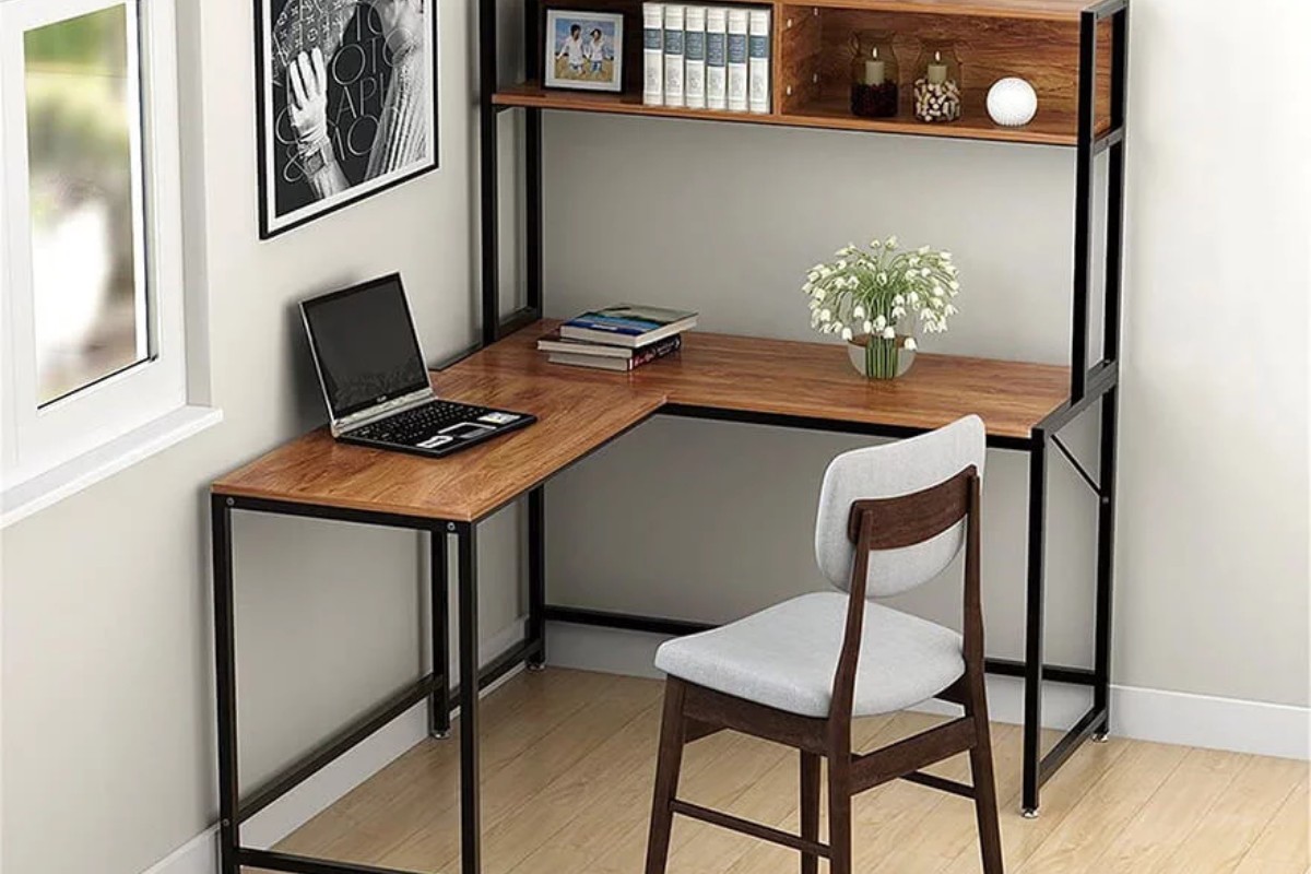 Bàn làm việc chân sắt 2 tầng chữ L