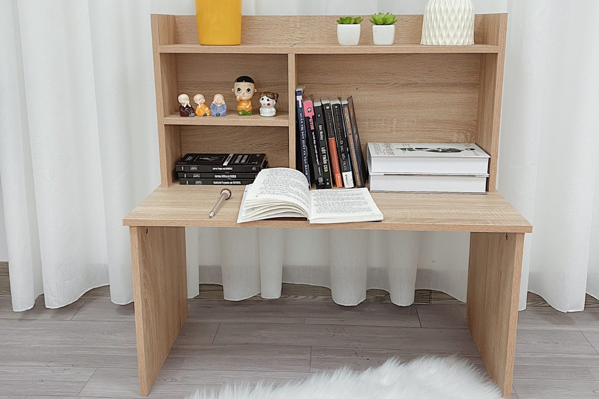 Mẫu bàn làm việc ngồi bệt có giá sách