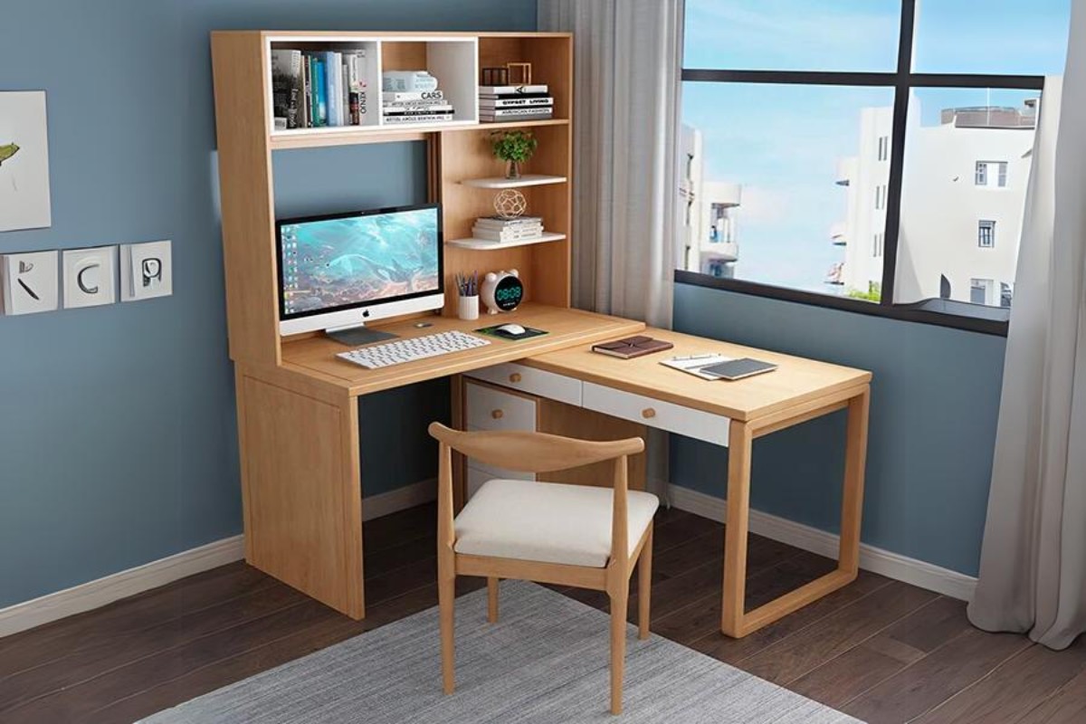 Bàn làm việc chữ L liền kệ sách