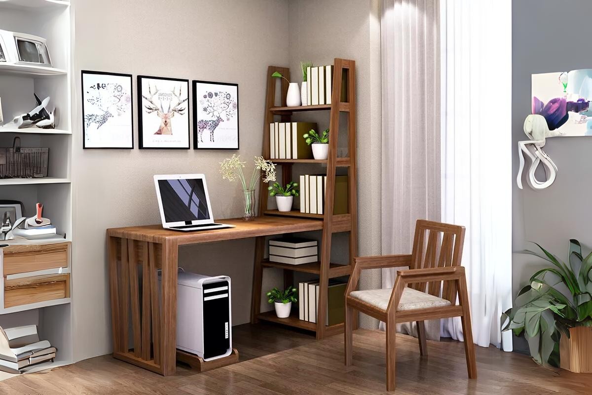 Bàn làm việc tại nhà có kệ sách