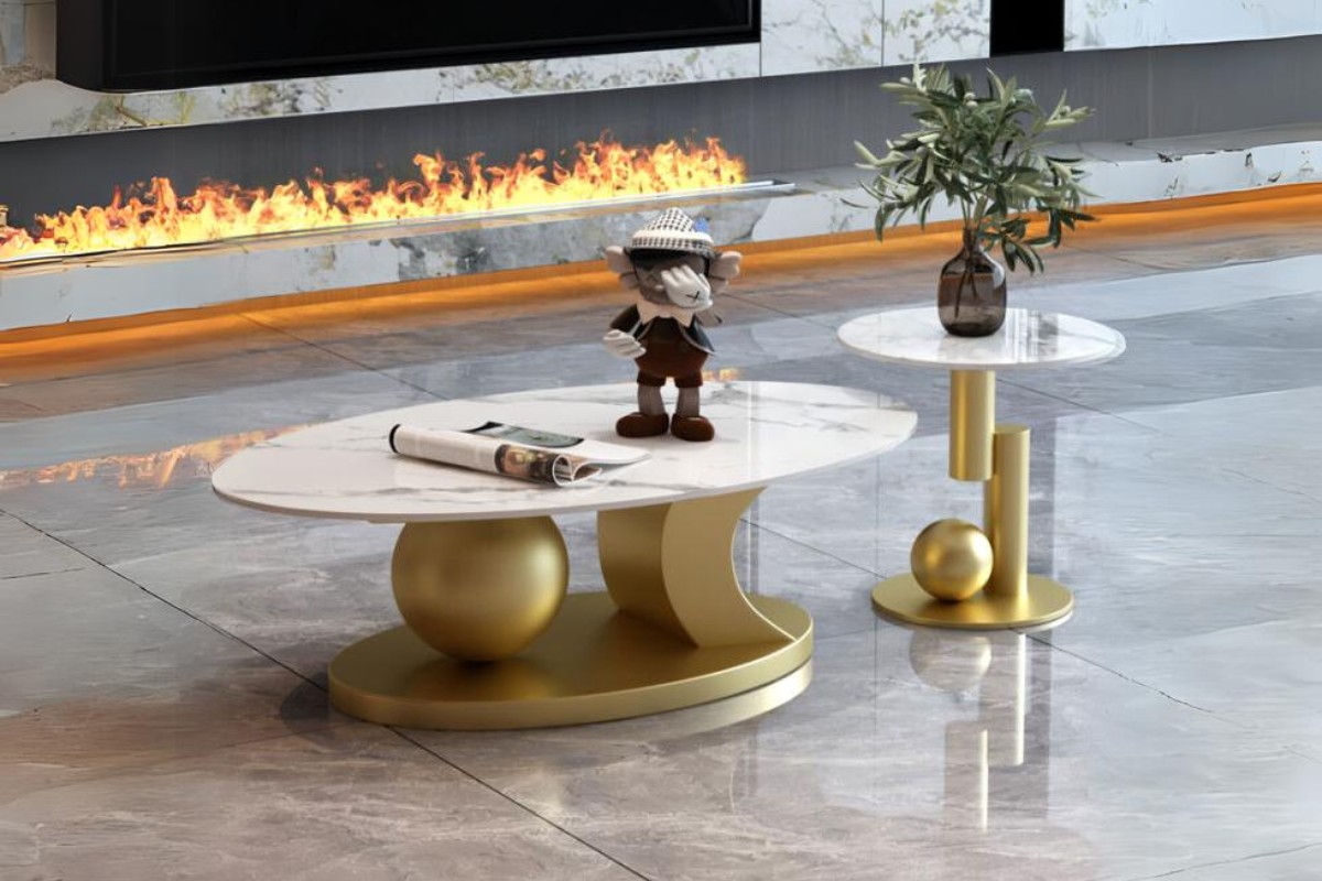 Bàn trà bầu dục chân kim loại cách điệu