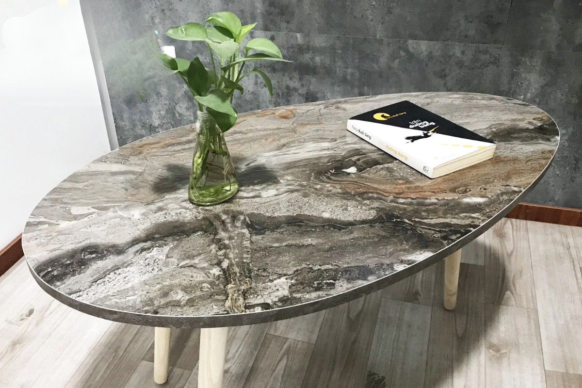 Bàn trà bầu dục mặt đá hoa cương