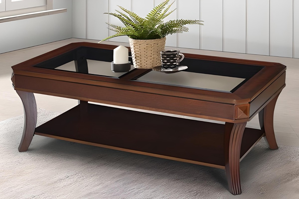 Bàn trà mặt kính chân gỗ hiện đại