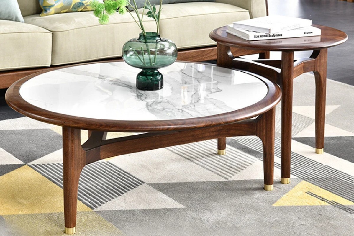 Bàn trà đôi mặt đá chân gỗ