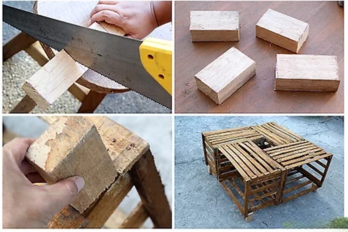 Cắt các thanh gỗ để tạo thành chân bàn trà