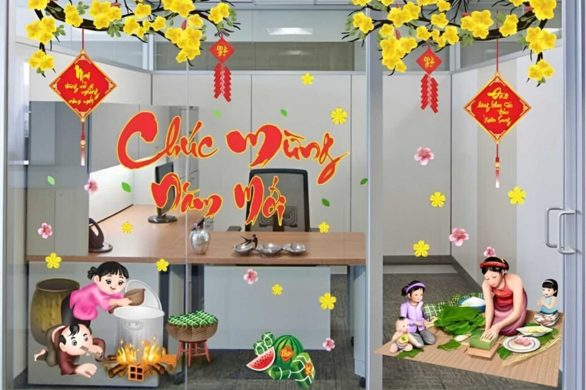 Cách trang trí Tết cho văn phòng bằng decal dán kính