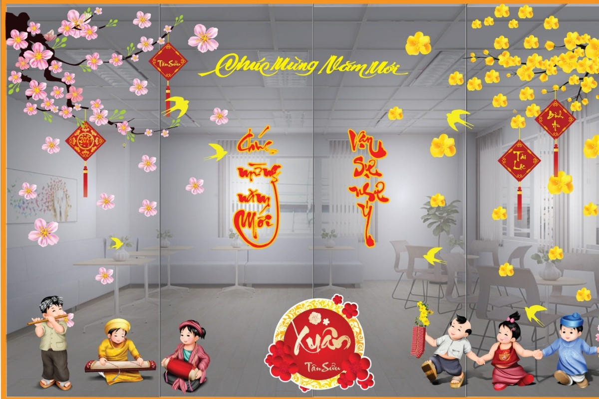 Cách trang trí Tết cho văn phòng bằng decal dán kính đẹp mắt