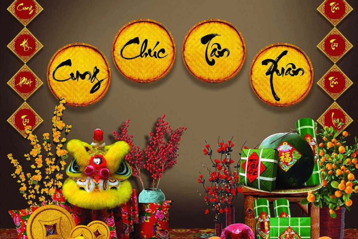 Trang trí tết văn phòng bằng mẹt tre