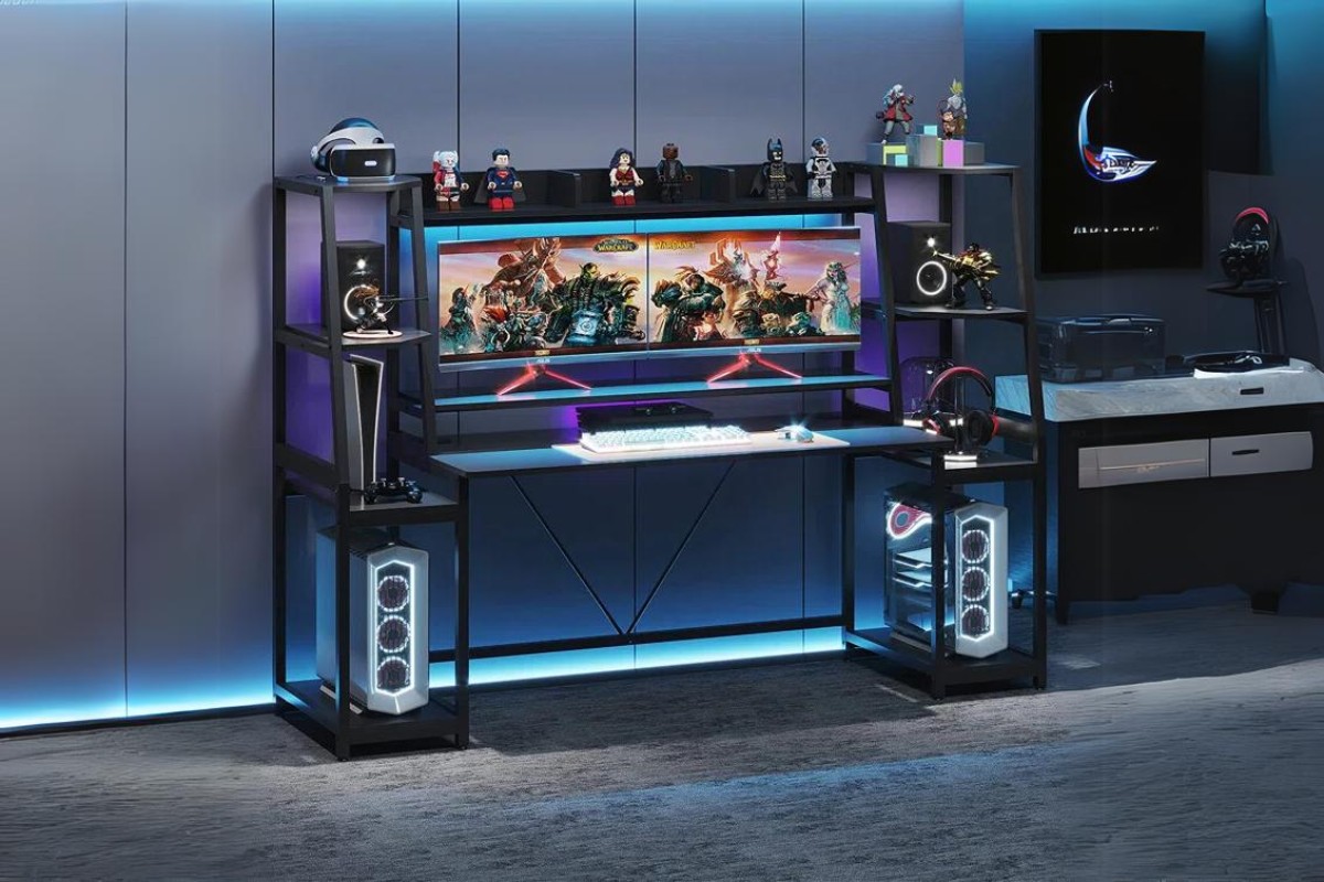 Bàn làm việc gaming chữ U có kệ sách và kệ để CPU