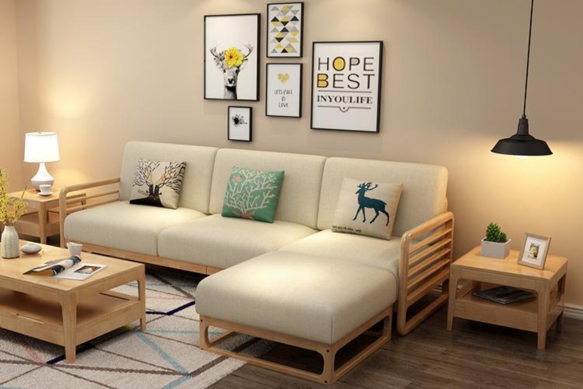 Sofa chữ L gỗ với thiết kế tinh tế