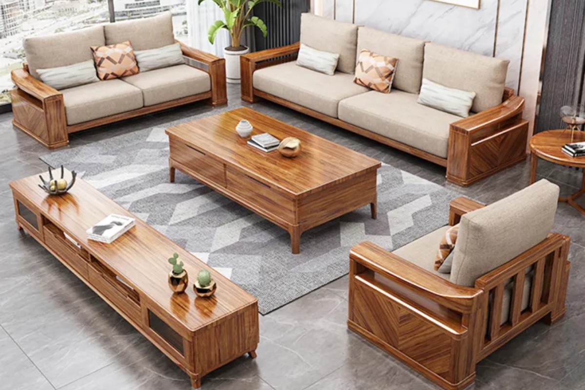 Sofa gỗ tự nhiên cùng bàn trà đồng bộ