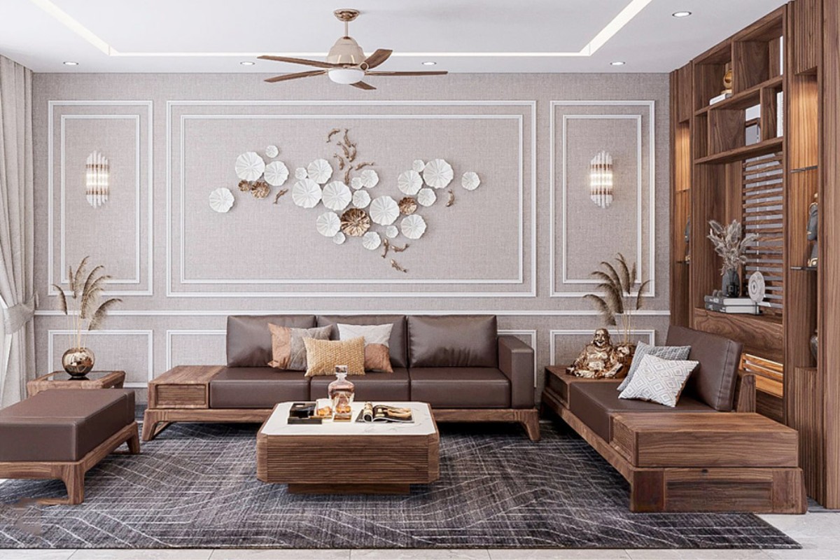 Bộ sofa sử dụng gỗ tự nhiên bọc da