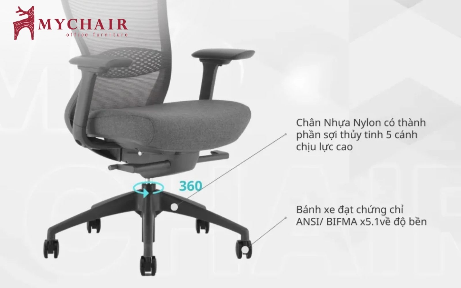 Chân ghế vững chắc, bánh xe xoay 360 độ