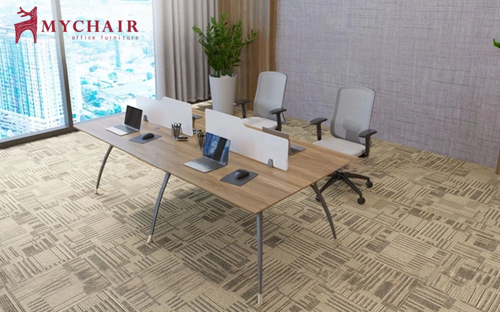 Cụm bàn làm việc văn phong thiết kế kéo dài, dễ sắp xếp nhân sự theo từng bộ phận