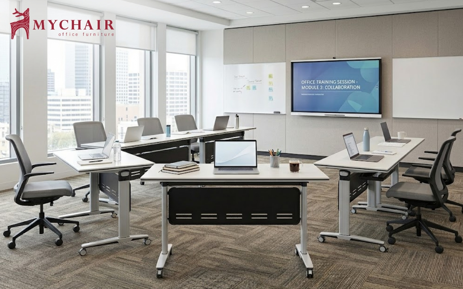 Mẫu bàn training có bánh xe, hộc tủ và cơ chế khóa cố định Mẫu bàn training có bánh xe, hộc tủ và cơ chế khóa cố định